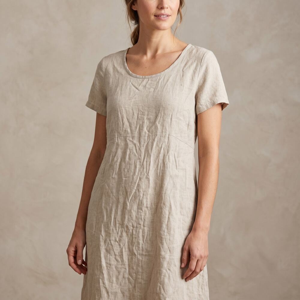 FLAX Women's 100% Linen Dress Beige Midi Lagenlook Coastal Grandma Medium